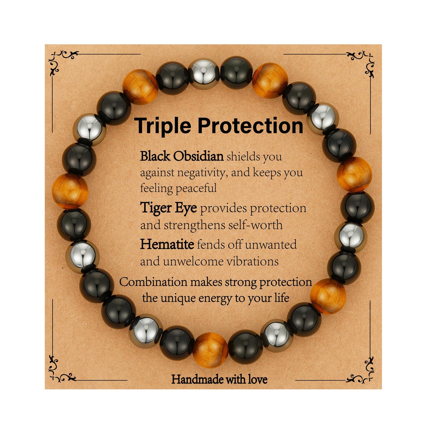 Gnamy Triple Protection Beaded Bracelet Gifts for Men, Tiger Eye Black Obsidian Hematite Bracelets Birthday Valentines Day Anniversary Healing Sobriety Jewelry Gifts for Him Husband Dad Boyfriend Brother
