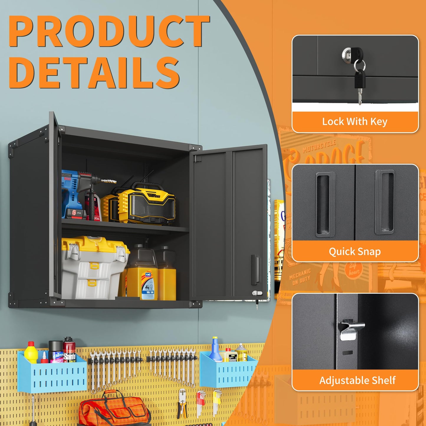Metal Wall-Mounted Tool Storage Cabinet with 2 Locking Door 1 Adjustable Shelf 1 Opened Drawer for Garage Warehouse,Office,Assembly Required