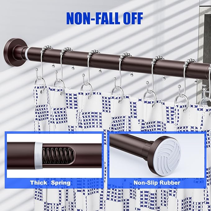 Ausemku Shower Curtain Rod 32-50 Inch Adjustable - 1 Inch Diameter Heavy Duty No drill Spring Tension Shower Rod, Non-Slip Rustproof Telescopic Rod for Bathroom, Brown