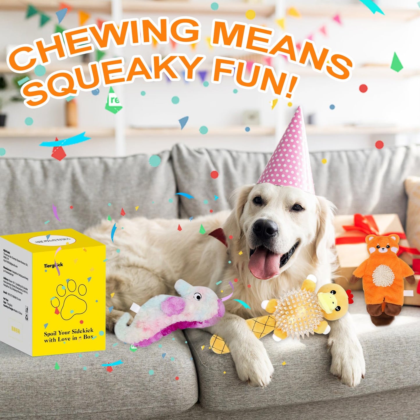 Tierglück Interactive Squeaky Dog Toys for Small, Medium & Large Dogs, 3-Pack No-Stuffing Plush Chew Toys with Crinkle Sound – Durable, Safe Teething & Boredom Relief Toys for Puppies and Adult Dogs