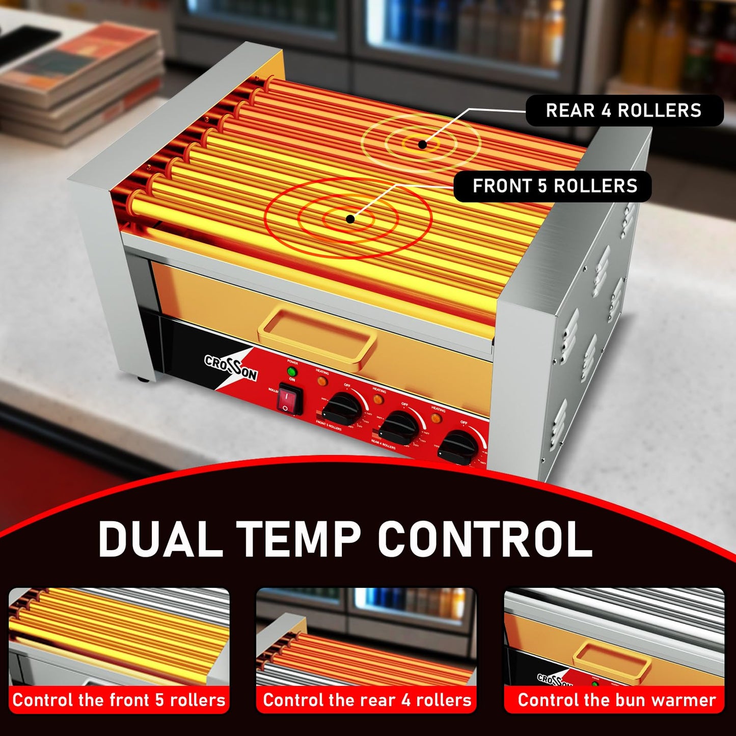 CROSSON Hot Dog Roller 9 Rollers 24 Hot Dogs,1750W Hot Dog Grill Cooker Machine with Bun Warmer,Three Temp Control Commercial 9 Nonstick 304 Roller