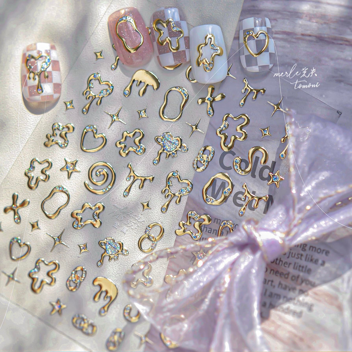 Phuryllic 3D Nail Stickers for Nail Art, Embossed Self-Adhesive Cute Nail Charms & Decals for DIY Nails, Easy-to-Apply Nail Design Supplies & Accessories for Home Manicure-Gold Irregular Shapes