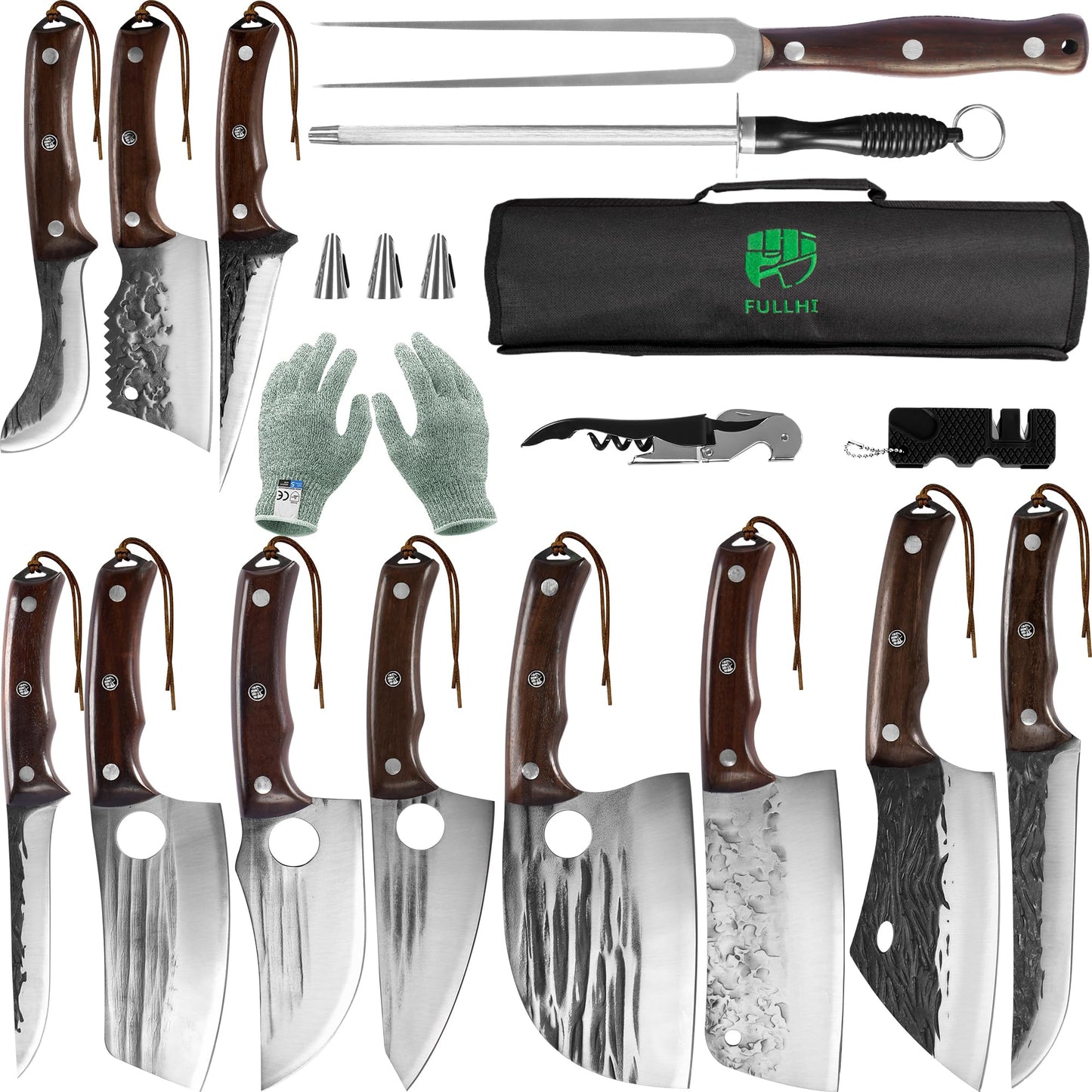 FULLHI 17pcs Butcher Chef Knife Set include sheath High Carbon Steel Cleaver Kitchen Knife Whole Tang Vegetable Cleaver Home BBQ Camping with Knife Bag