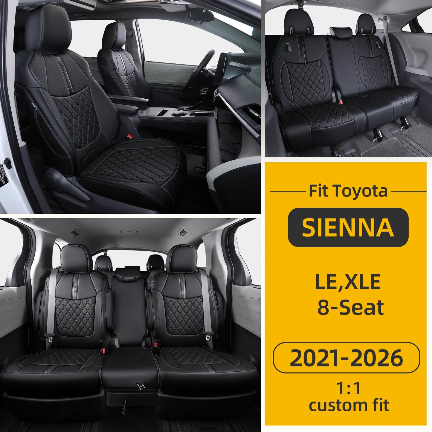 OURPLOT Custom Fit Sienna Seat Covers for 2021-2026 Toyota Sienna LE XLE 8-Passenger, Waterproof Faux Leather Full Set Airbag Compatible 3-Row Car Seat Protectors (Black)