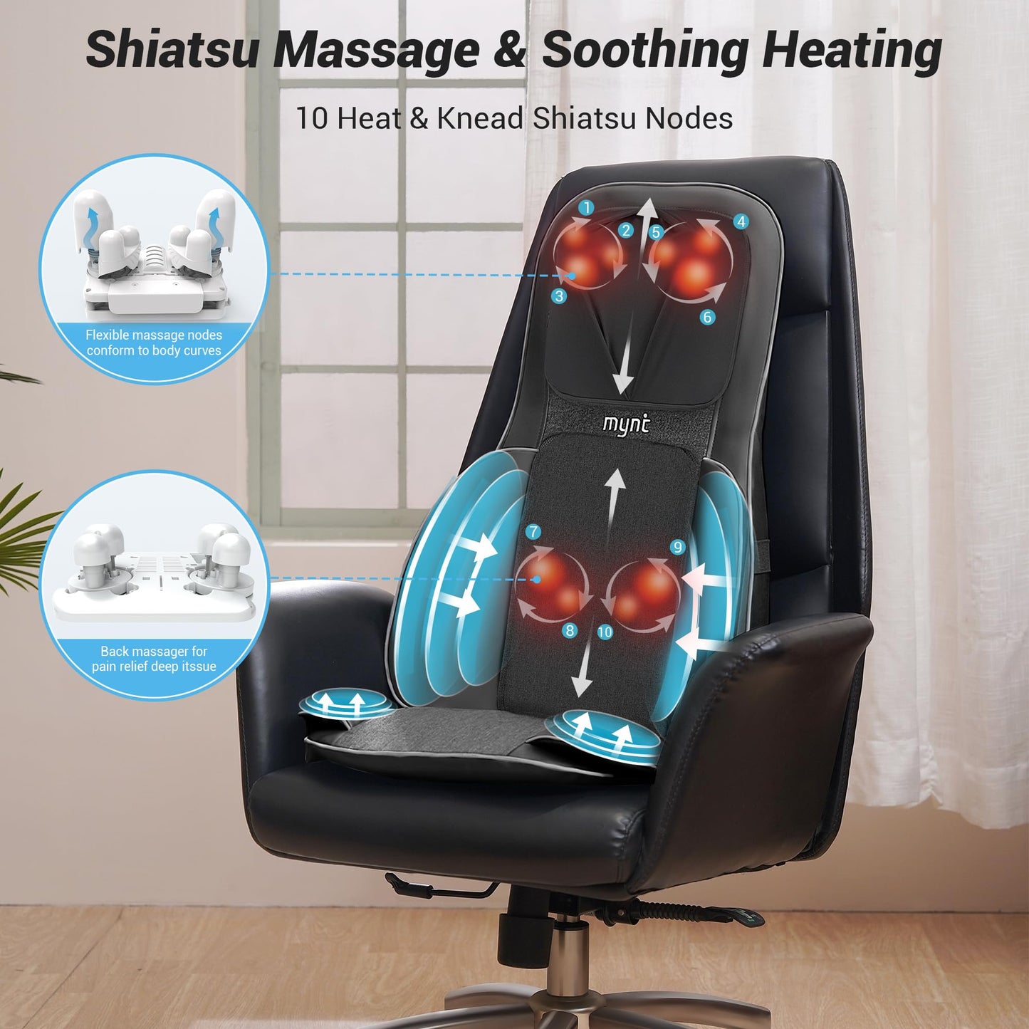 Mynt Back and Neck Massager for Pain Relief Deep Tissue,3D Shiatsu Acupressure Neck Back Massager with Heat, Seat Massager for Full Body Relaxation Black