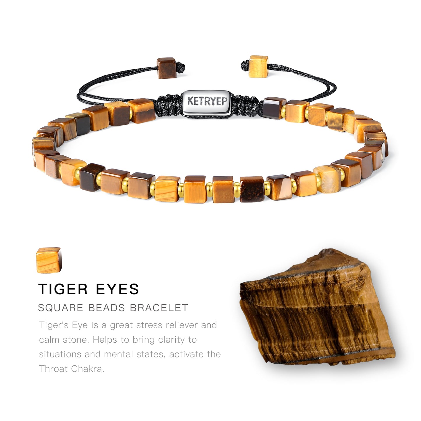 ketryep Mens Beaded Bracelets 4mm Square Natural Stone Bracelets for Men Black Onyx Matte Agate Tiger Eyes Lava Rock Hematite Bracelets for Men Christmas Birthday Gifts for Him (Tiger’s eye, 4MM)