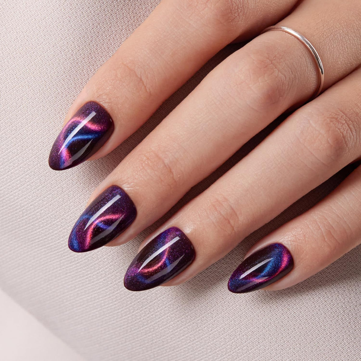VSALON Press on Nails Short Almond - Cat Eye Fake Nails Dark Purpule Blue Sparkle Ribbon Nails, Reusable Spring Summer Opaque Gel Swirl Glue on Nails with Glue & Cuticle Oil - 32 PCS in 16 Sizes
