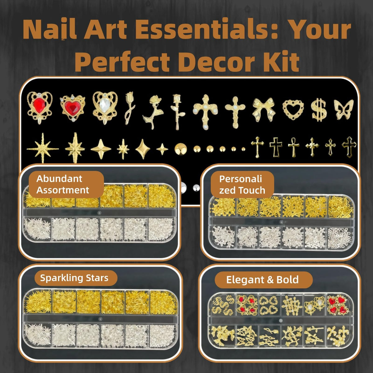 KINGNAME Gold Nail Charms and Gems Set, 4 Boxes Nail Gems Nail Pearls Nail Art Tools, 3D Cross Nail Charms Heart Nail Rhinestones for Nails Supplies, Charms for Nails Design Nail Art Kit