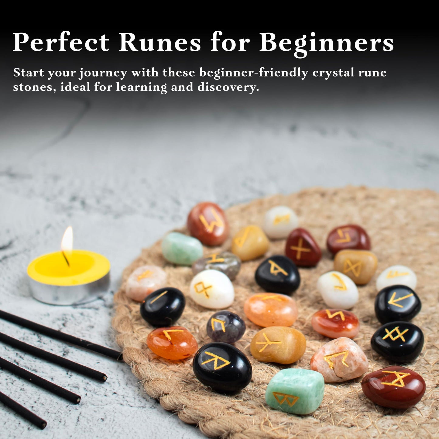 Crocon Rune Stones Sets 25 pcs Mix Chakra for Beginners with Elder Futhark Alphabets for Healing Chakra Crystals Reiki feng Shui Gemstone Runes Set Size: 15-20 mm with a Pouch & Rune brochure