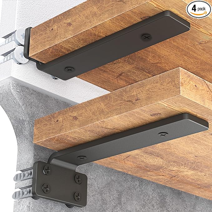 Goovilla Shelf Bracket, Heavy Duty Floating Shelf Brackets 12 inch Long, 4 Pack Brackets for Shelves, Black Coated Metal Wall Shelf Support Brackets with 1/5 Inch Thick and 160 lb. Load Capacity