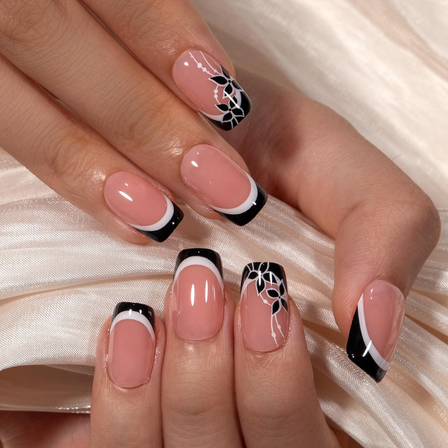 Curvlife Soft Gel Press on Nails, 30Pcs 15 Sizes Soft Gel Nail Tips, Full Cover Design Reusable Fake Nails Kit with Glue and Adhesive Tabs (black flower french, Medium)