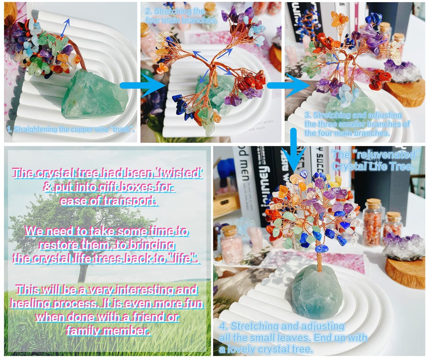 QINJIEJIE Crystal Tree Healing Crystals Amethyst, Purple Gravel Gemstone, Rose Quartz Pink Base, Copper Wire Life Stones Artificial Energy Desk Decor, Spiritual Meditation Gifts