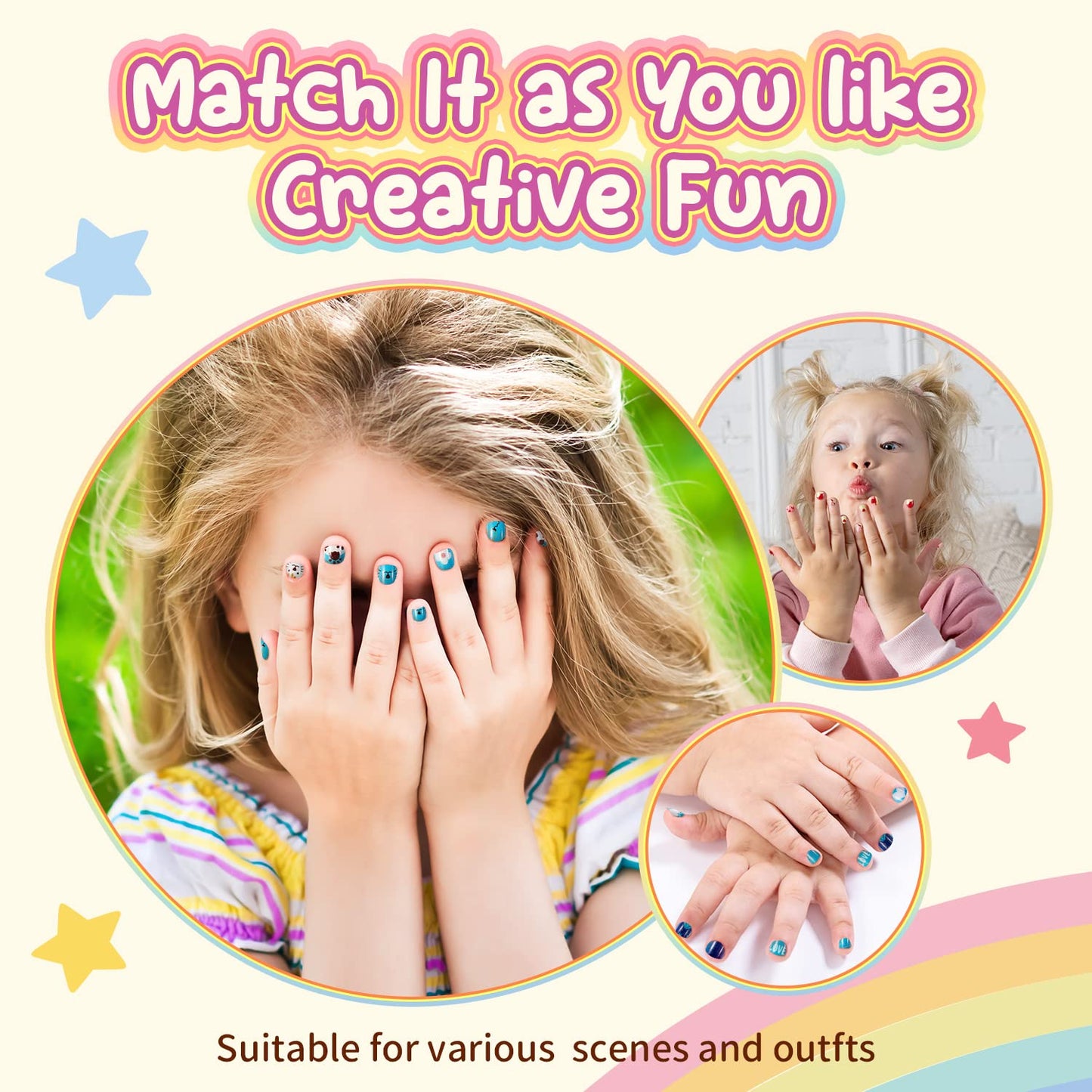 Modelones Press on Nails for Kids 144Pcs 6 Pack Children Acrylic Fake Nails Pre-glue Full Cover Glitter Gradient Color Heart Cat Short False Nail Art Kits Sets Christmas Gifts for Kids Girls