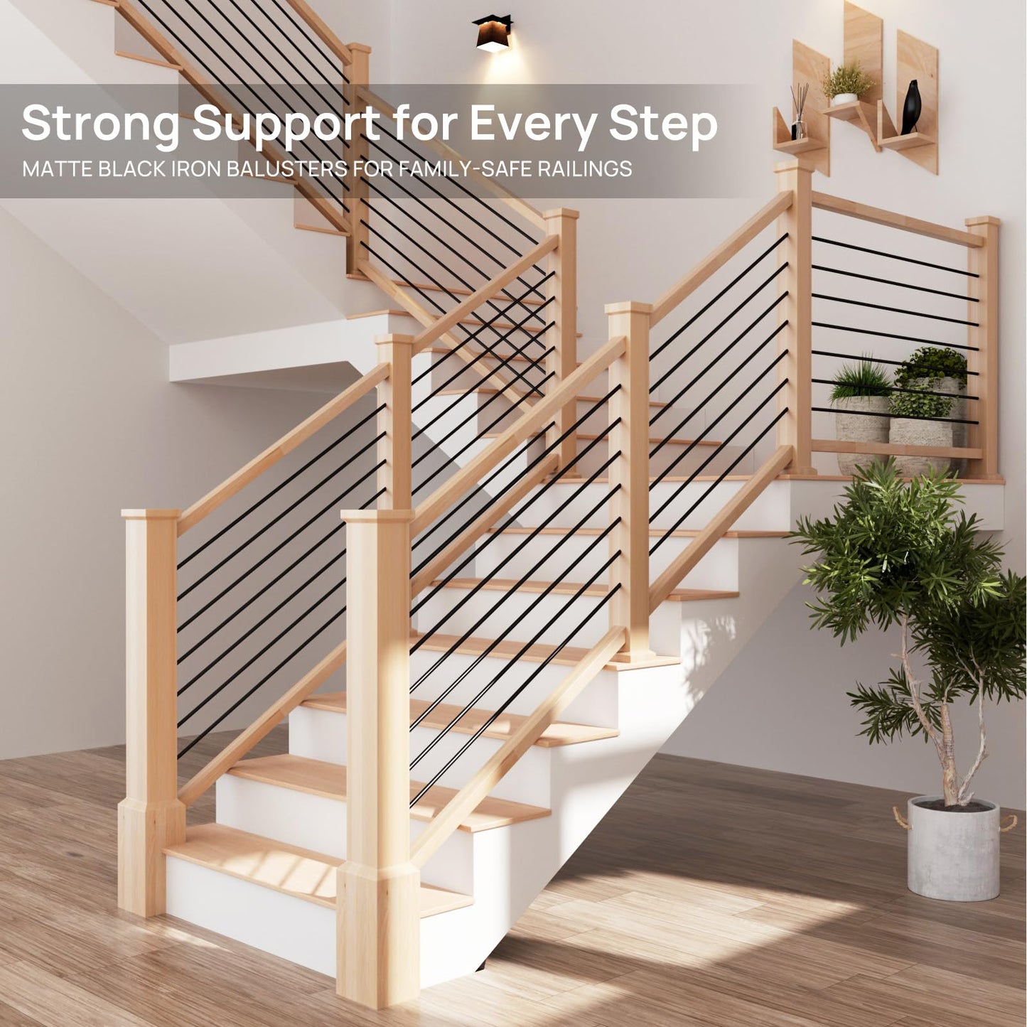 7 Pack 6 FT x 35/64 inch Iron Stair Balusters with 14mm Wood Drill Bit, Matte Black Hollow Horizontal Interior Baluster, Stair Railing Spindles for Indoor Staircase