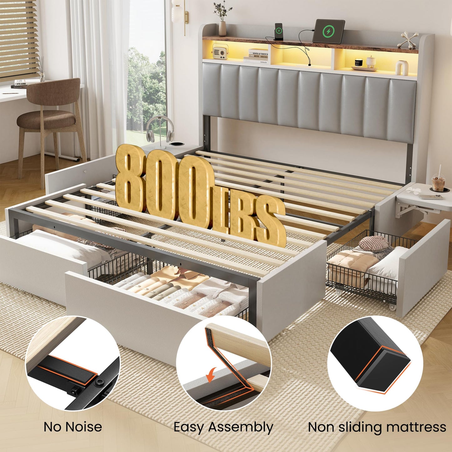BRELTAM Queen Bed Frame with Headboard,4 Storage Drawers,and Built-in Adjustable Desk,Charging Station,Easy Assembly,No Box Spring Needed,Light Grey