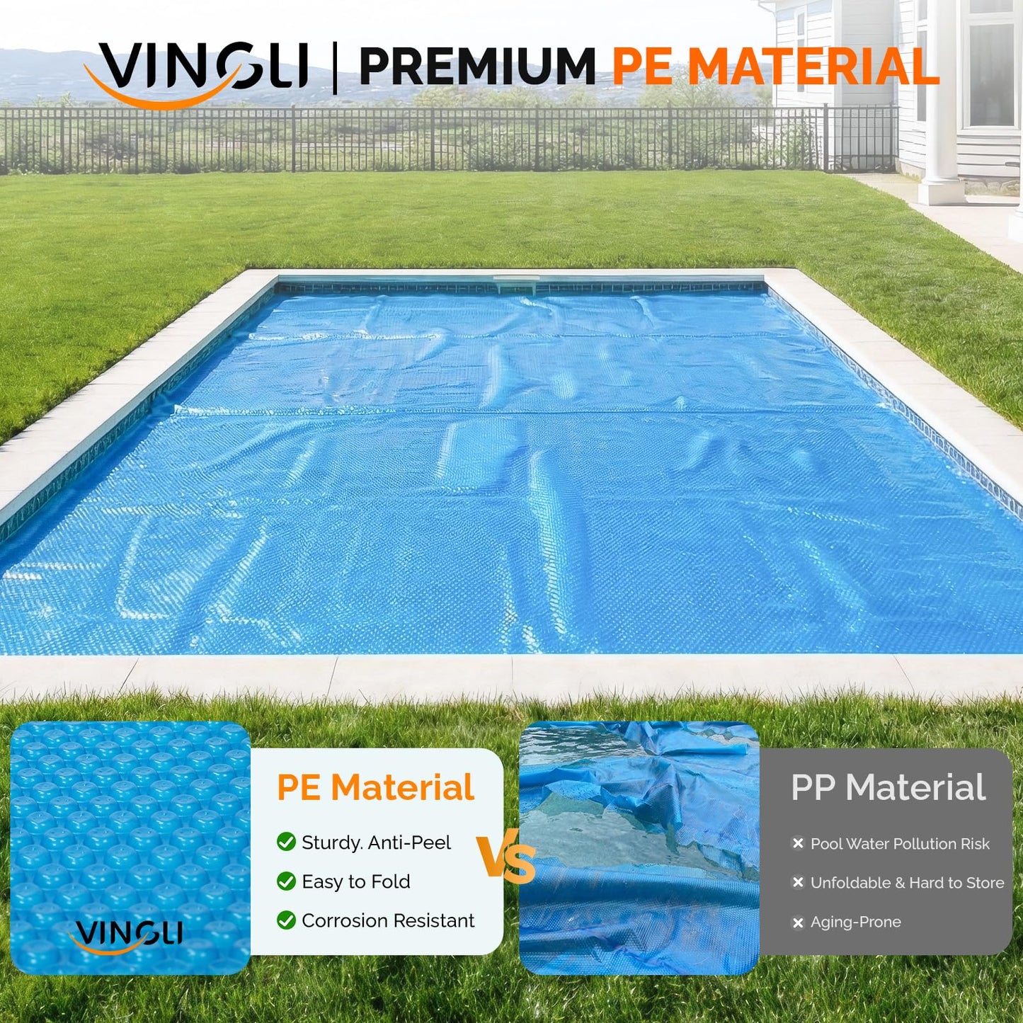 VINGLI 12Mil Solar Pool Cover, Rectangle Solar Blanket-Heavy Duty Solar Pool Cover for Above Ground Pool-Pool Solar Cover for Inground Pool (Blue, 14'x28' Rectangular)