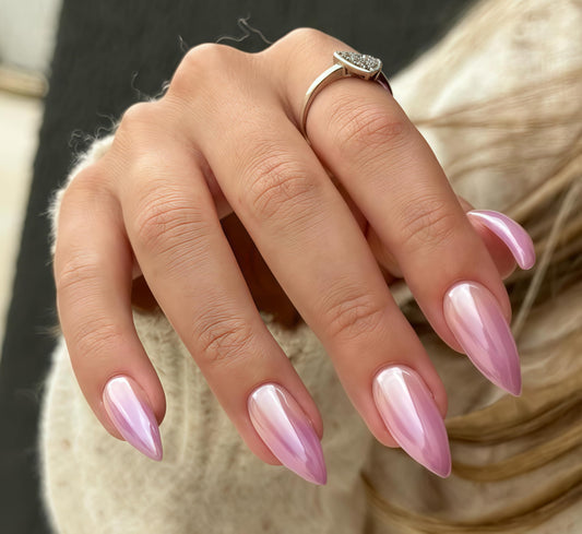 French Press On Nails Almond - KQueenest Ombre Lilac Chrome Press On Nails Medium, Sparkle Gel Fake Nails Press on with Mirror Effect, Natural Glue on Nails Medium, Stick On Nails for Women Daily Wear