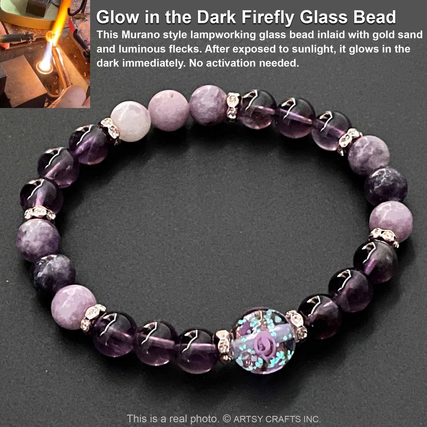 ARTSY Crafts Glow in The Dark Firefly Beads Bracelet, Handmade in USA, Luminous Murano Glass Beads Jewelry Mermaid Crystals Inspirational Gift (Amethyst - Stretch)