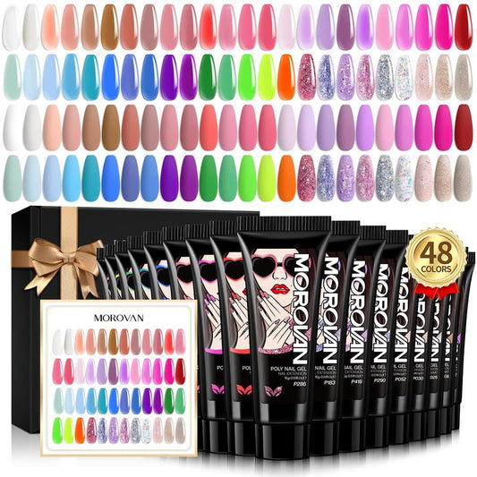 Morovan Poly Gel Nail Set: 48 Color Gel Extension Nails - Trendy Art Designs with Pure & Glitter Finish