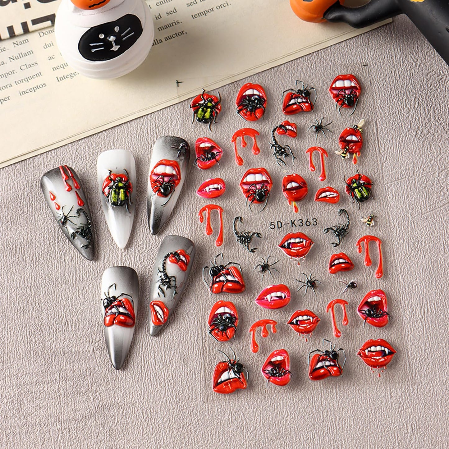 2 Sheets Halloween Nail Art Stickers 5D Relief Self -Adhesive Blood Drops Lips Spider Nail Decals Holographic Horror Heart Internal Organs Design Nail Stickers Halloween Nail Decoration for Women