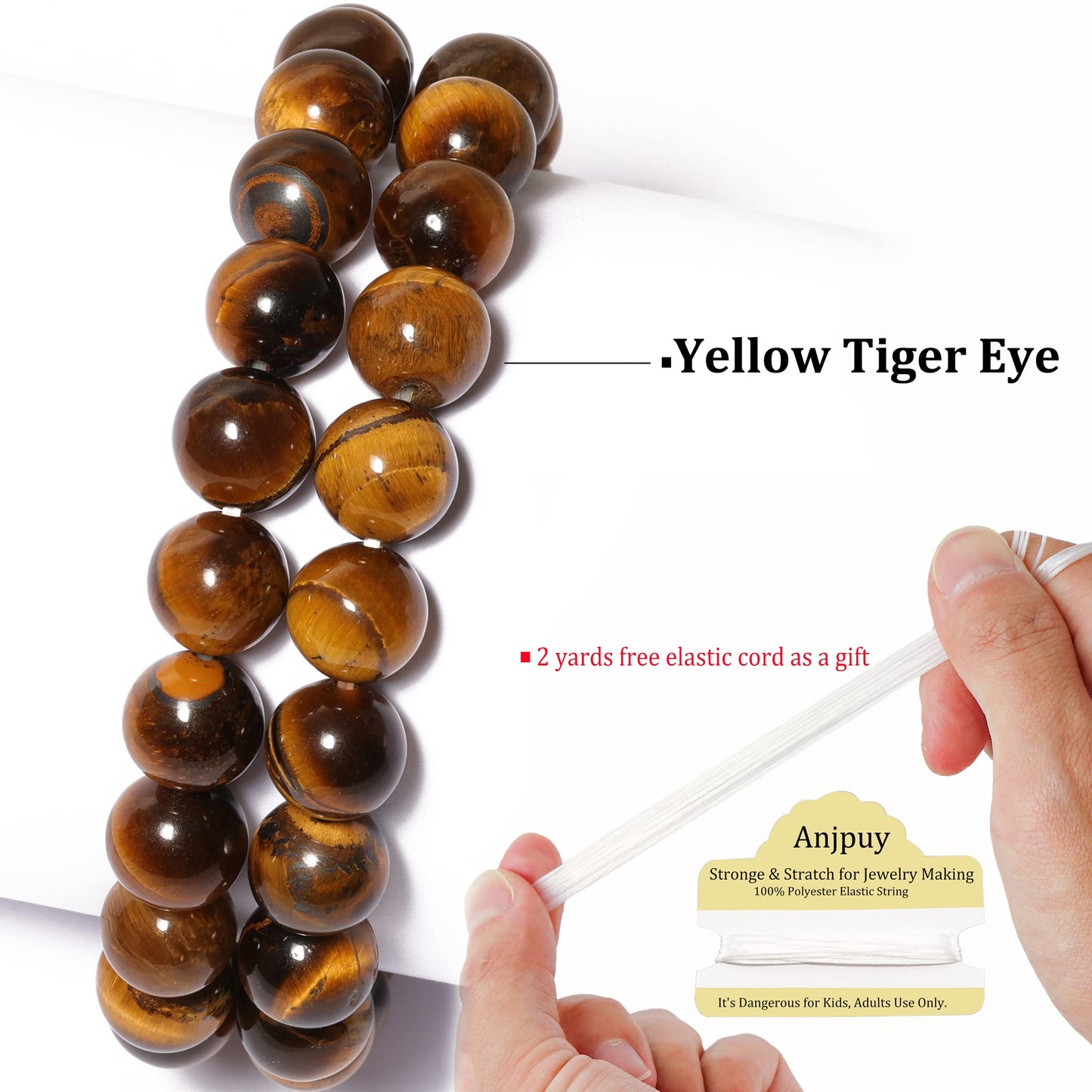 10mm Yellow Tiger Eye Round Bead - 35PCS Bulk Gemstone Beads for Jewelry Making, DIY Bracelets, Necklaces - Includes Crystal Stretch Cord - Stone Beads for Crafting Gifts