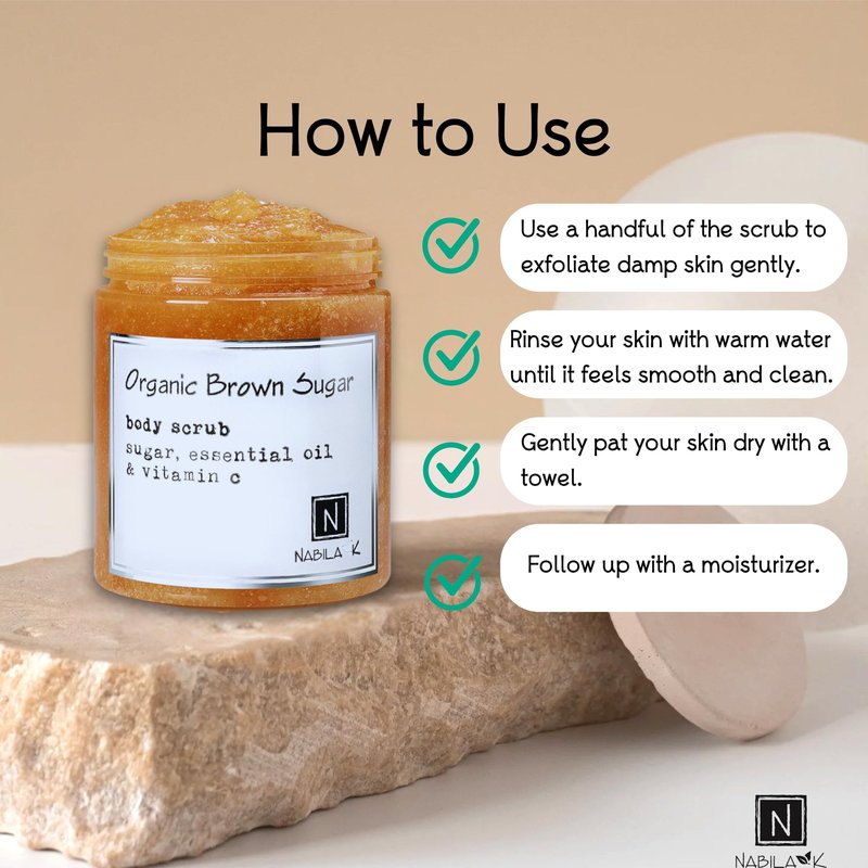 Nabila K Organic Brown Sugar Body Scrub for Women & Men | Sulfate-Free, Cruelty-Free, Natural Exfoliant with Vitamin C | Cane Sugar and Shea Butter | 3 oz