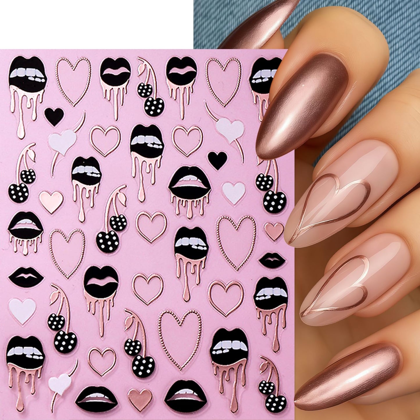 6 Sheets Black Lips Nail Stickers Valentines Nail Decals Self-Adhesive Rose Gold Heart Cherry Sexy Lips Nail Design Hollow Heart Nails Supplies DIY Manicure Accessories for Women Nails Decorations