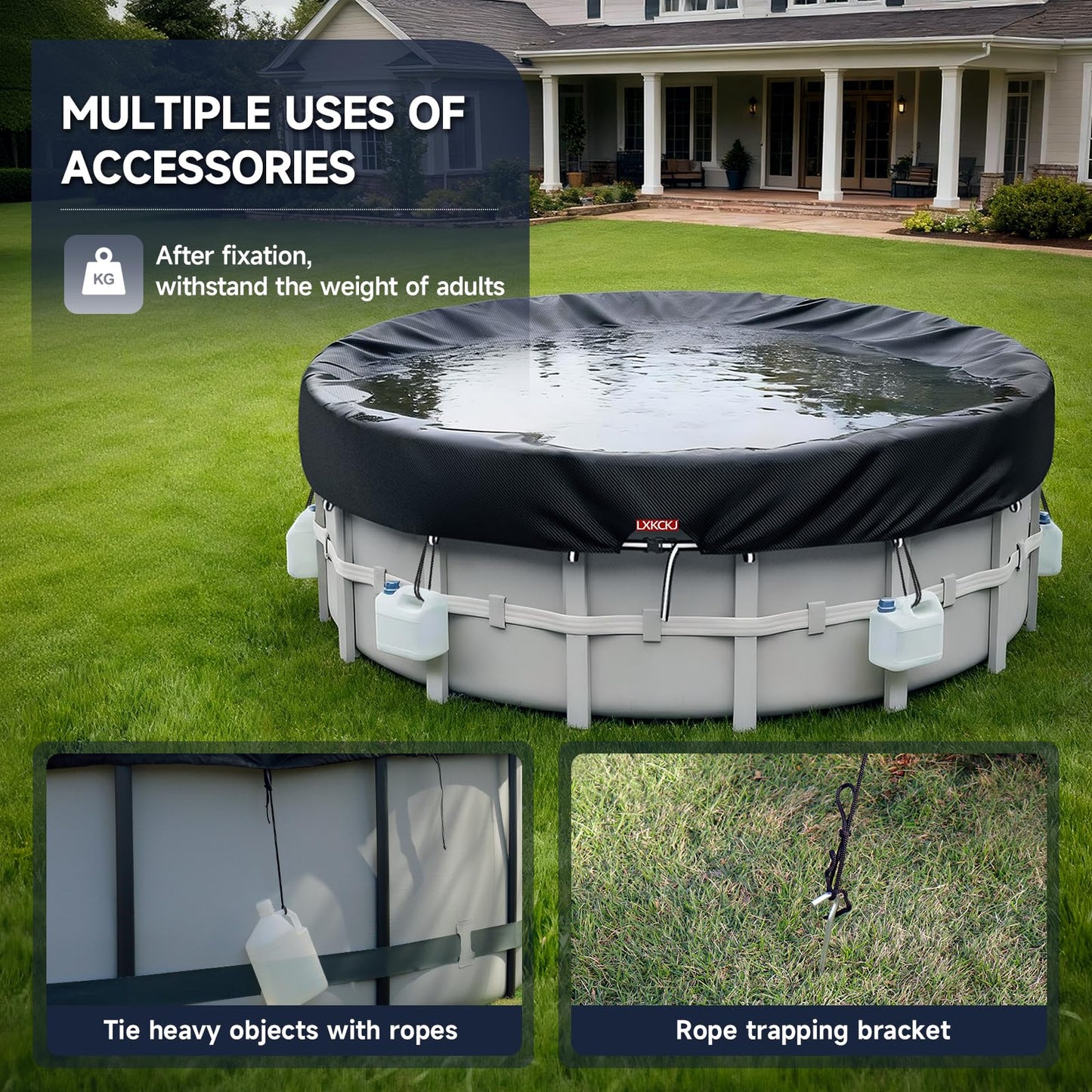 LXKCKJ 8 Ft Round Pool Cover, Solar Pool Covers for Above Ground Pools, Stock Tank Pool Covers Protector with Accessories, Round Hot Tub Cover Ideal for Waterproof and Dustproof (Black)