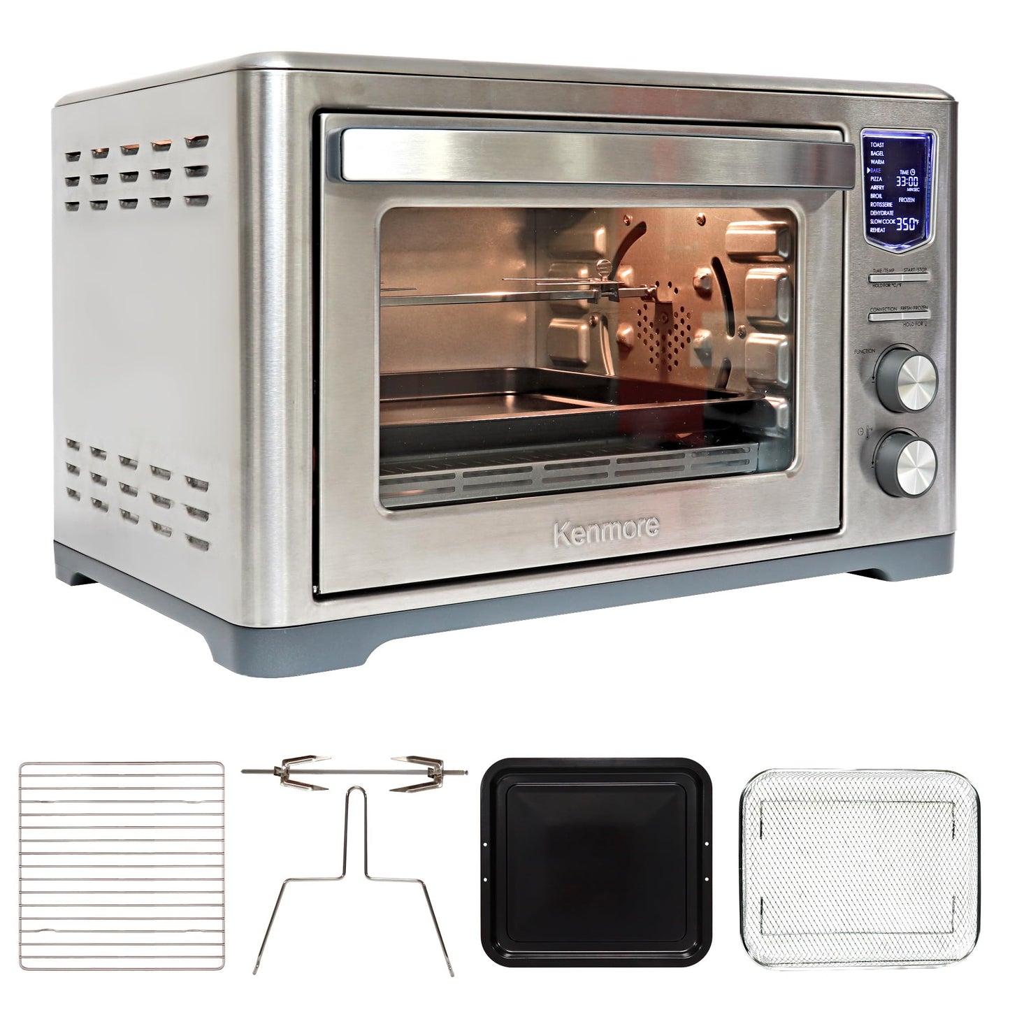 Kenmore Digital 11-In-1 Air Fryer Toaster Oven Combo 26 Qt Convection Rotisserie Dehydrator Bake Broil 1800 Watts 80°-450°F Temp Controls Top & Bottom Heater Adjustments Stainless Steel Large Capacity