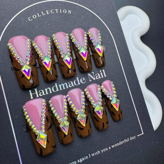 Diamond Press on Nails Handmade Long Coffin Fake Nails Fall False Nail Brown Leopard French tip Glue on Nail Rhinestone Stick on Nail Reusable Handmade Nails for Women Manicure Size M