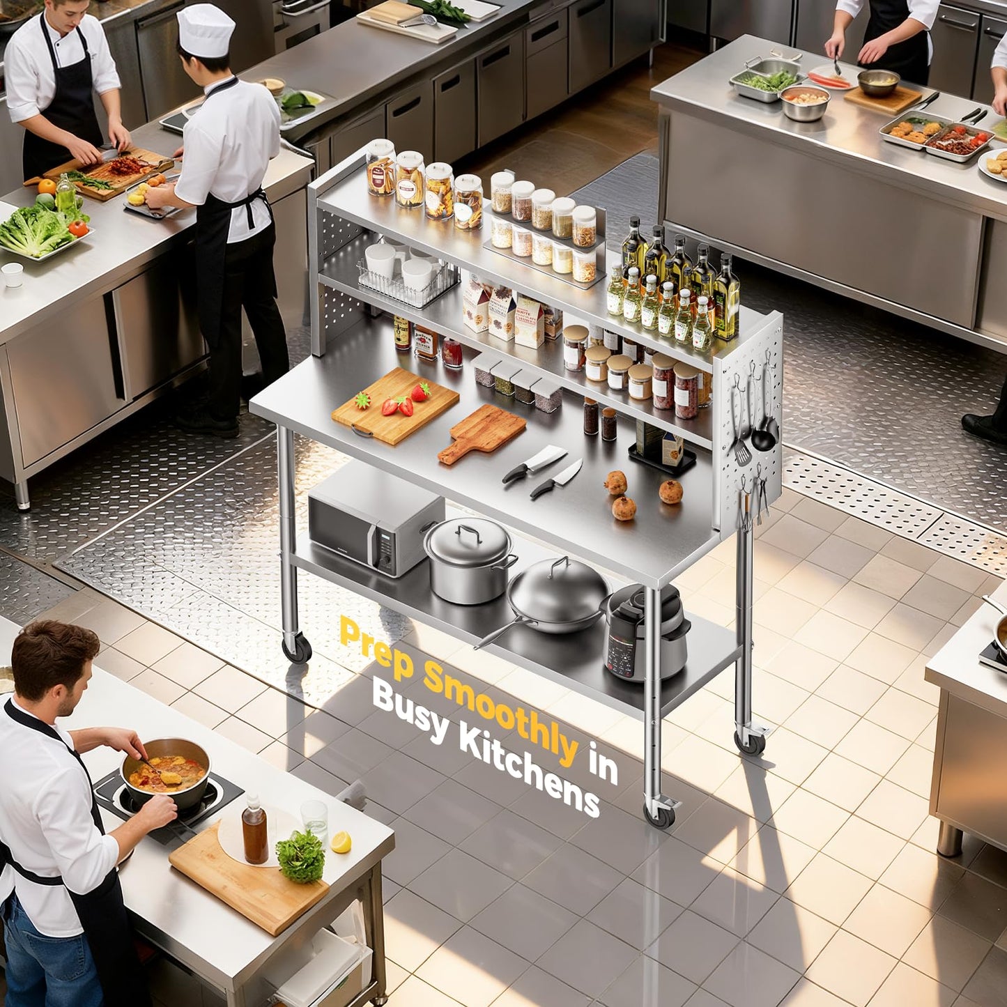 CAMMOO 60x24 in NSF All Stainless Steel Table with Adjustable Shelf & Pegboard Panels & Casters, Kitchen Prep Table Commercial Heavy-Duty Worktable with Large Space Storage for Restaurant Garages