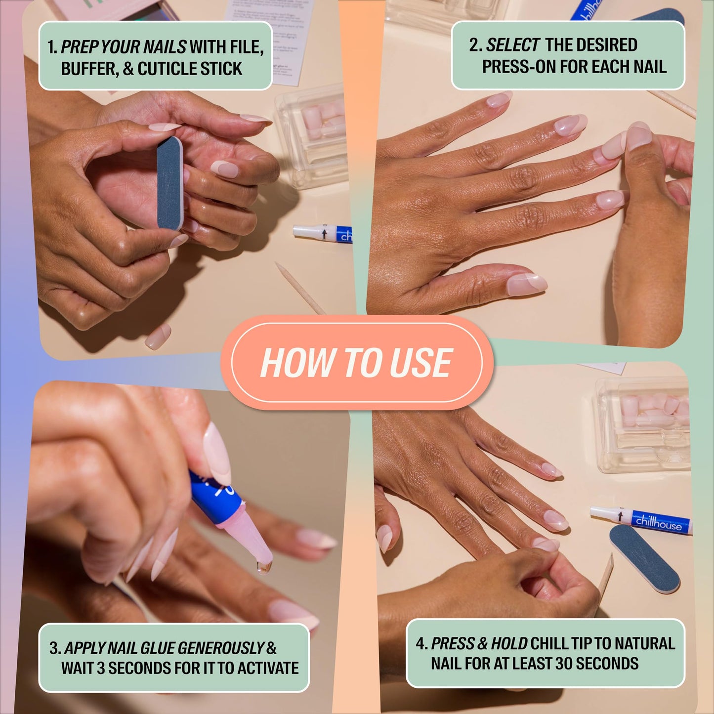 Chillhouse - Chill Tips, Press on Nails Kit - Babes on the Beach (Oval) - 30 Nail Shapes & Sizes - Up to 2 Weeks of Wear - Customizable Fit - Reusable - Latina Founded, Women Owned - Beauty, Self Care