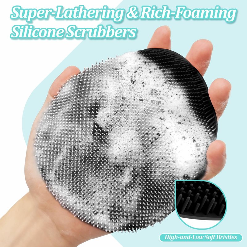GEENOA Silicone Back/Face Scrubber & Bath Glove Set 3PCS, Extendable Back Scrubber with Dual-Side Large Head, 360° Anti-Slip Bath Glove, Unique Side-bristle Face Scrubber for All-round Cleaning(Black)