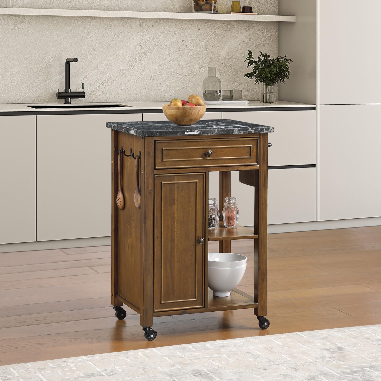 OSP Home Furnishings Fairmont Modern Farmhouse Kitchen Cart, Rolling Storage Cabinet with Drawer, Shelves, Hooks, Towel Bar, Oak Wood Finish with Faux Marble Top