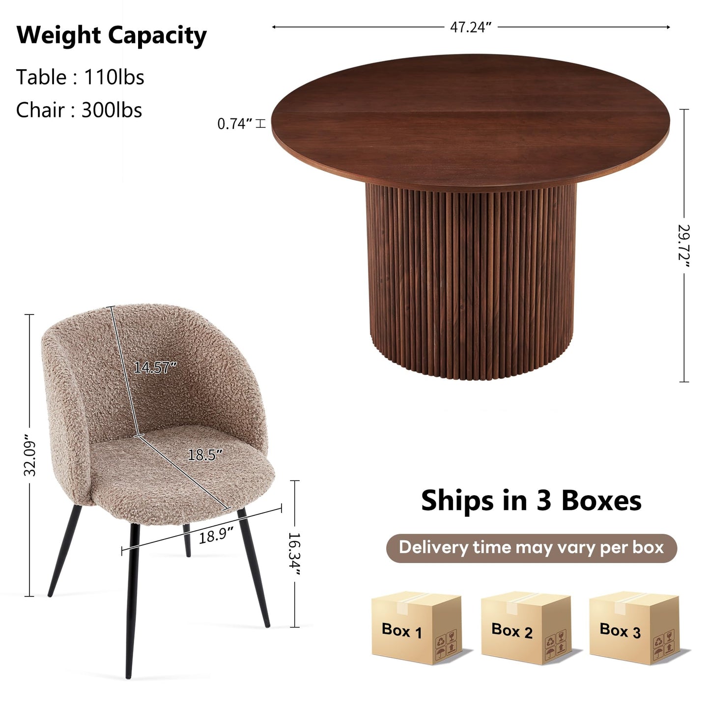 NORDICANA 5-Piece Wooden Round Dining Room Table and Chair Set, 47-Inch Kitchen Table with Barrel Chairs for 4, Brown Upholstered Sherpa Dining Set, MDF Core with Walnut Finish