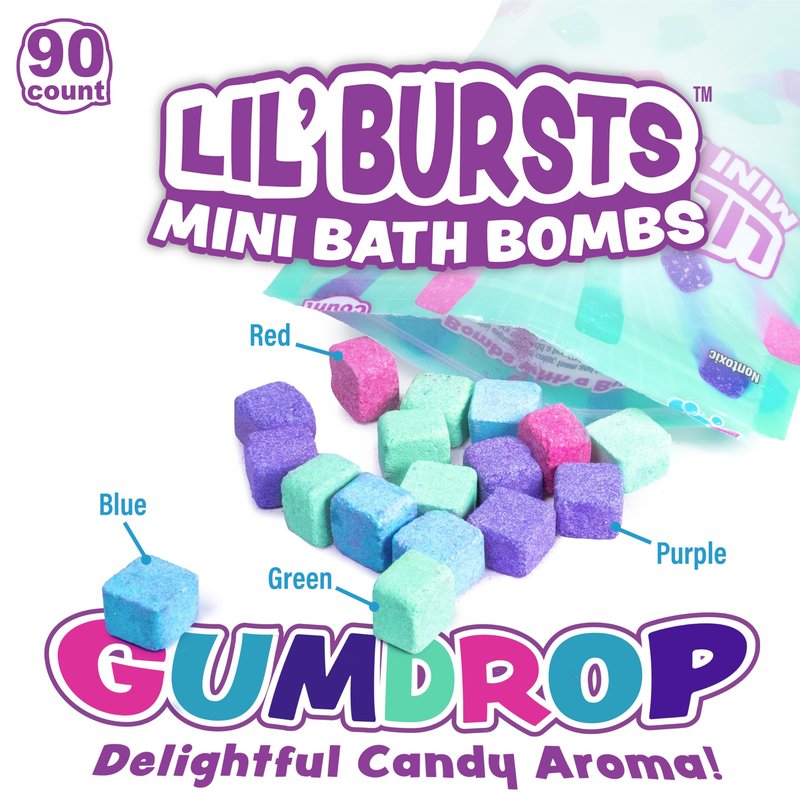 Tub Works® Lil' Bursts™ Mini Bath Bombs for Kids, 90 Count, Rainbow | Nontoxic | Tiny Kids Bath Bombs with A Burst of Color, Foam & Bubbles | Customize Toddler Bath with 7 Colors | Make Bathtub Art