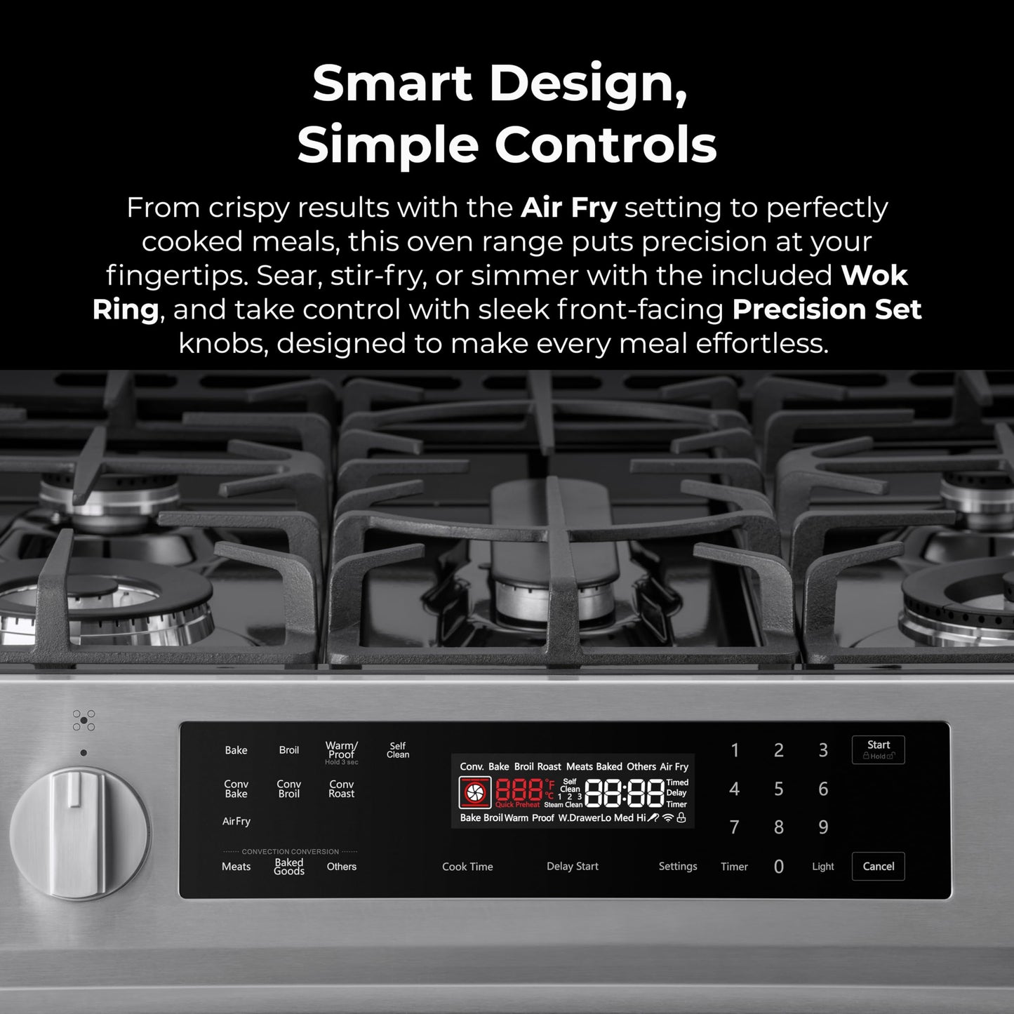 Kenmore 5.6 cu. ft. Front Control Gas Range Oven with 5 Cooktop Burners - True Convection, Air Fry, Turbo Boil, Self Clean, Dishwasher Safe Grates, Three Chrome Racks, LP Kit - Stainless Steel