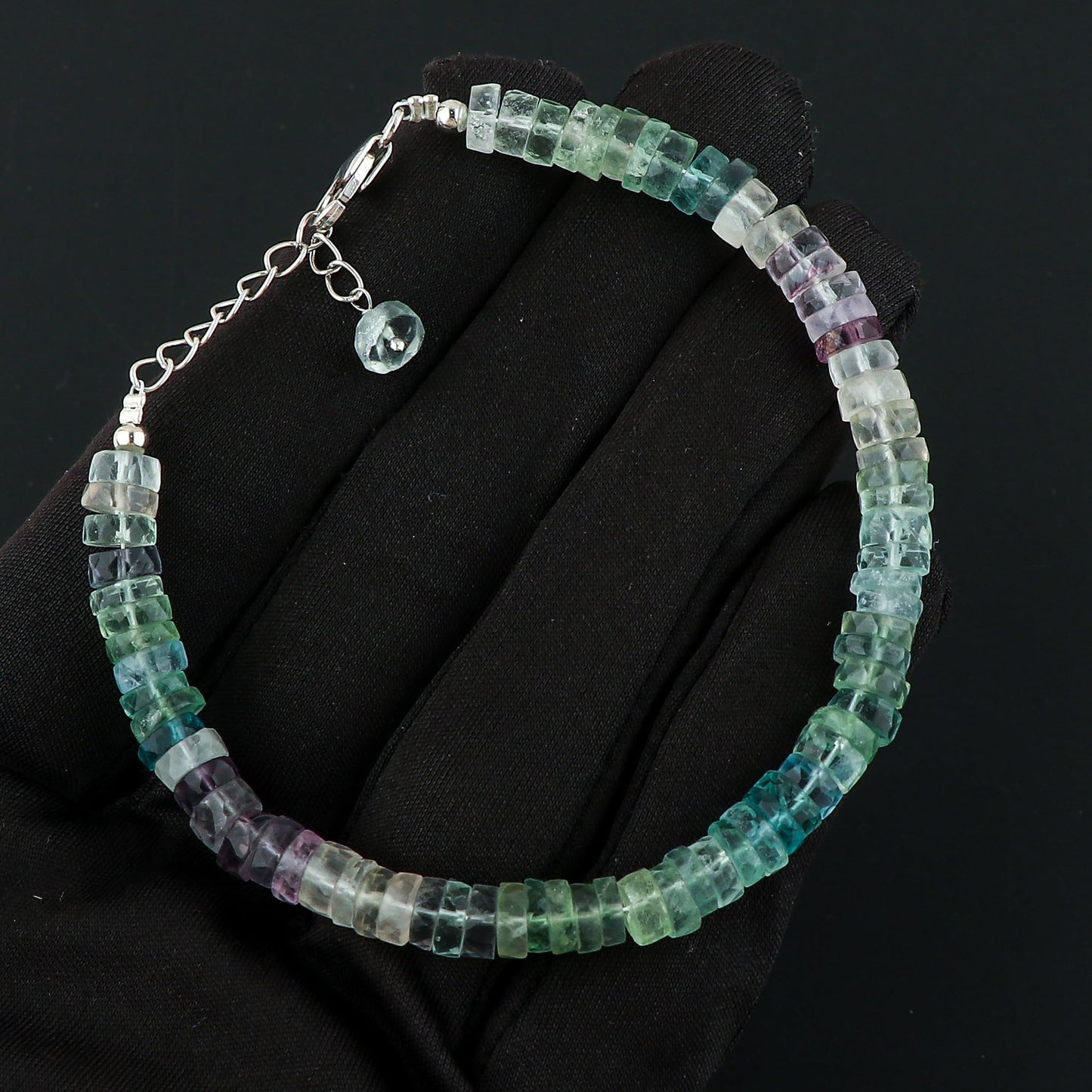 CRYSTALIS Natural Fluorite Beaded Bracelet, Facet Wheels, Elegant Beads Crystal, Chakra Bracelet, Healing Bracelet, Gemstone Jewelry, 925 Sterling Silver 8 inch