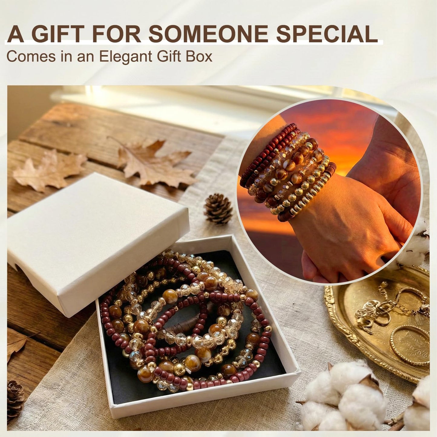 Ysenchan 7 Pcs Gold Beaded Bracelets for Women Trendy, 14K Gold Plated Stackable Stretch Bracelets Set, Adjustable Elastic Gold Bead Strand Jewelry, Hypoallergenic Gift for Women