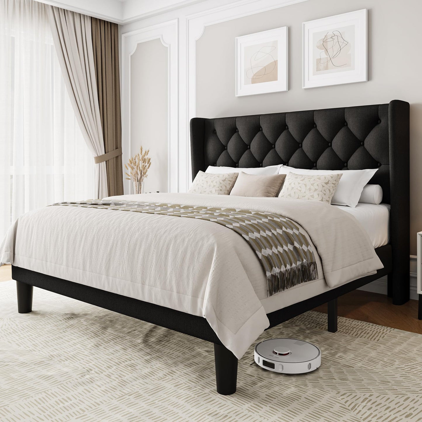 Einhomn Black Queen Size Platform Bed Frame with Fabric Upholstered Wingback Headboard, 12" Under Bed Space, Wooden & Metal Slats Support, No Box Spring Needed