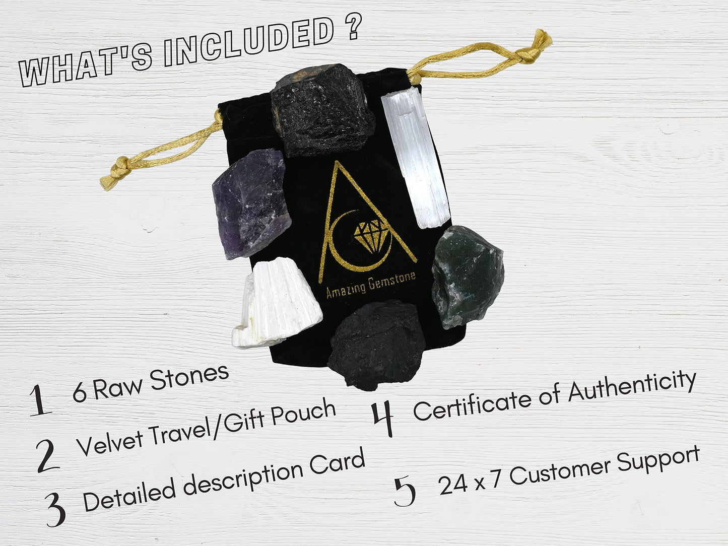 Amazing Gemstone Crystals for House Protection Manifestation, Set of 6 Amethyst, Scolecite, Shungite, Black Tourmaline, Selenite and Moss Agate Healing Crystals and Stones
