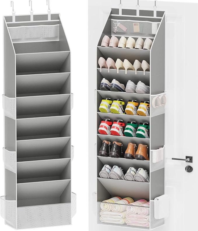 Criusia Shoe Organizer, Over the Door Shoe Organizer, Hanging Closet Shoe Storage with Large Deep Pockets, Fits 16â24 Pairs of Sneakers, Sandals, Boots, Gray