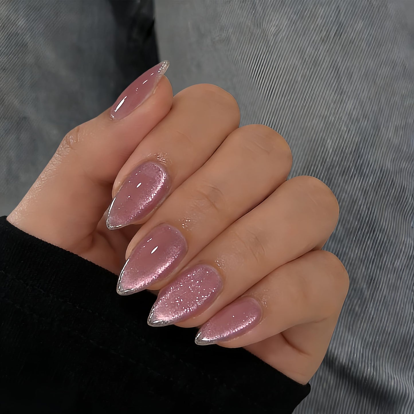 Baby Pink Cat Eye Press On Nails Short Almond Shaped - Glitter French Tip Fake Nails Press ons Natural Glue on Nails Stiletto Opaque Bling False Nails for Women No Glue, 24 Pcs