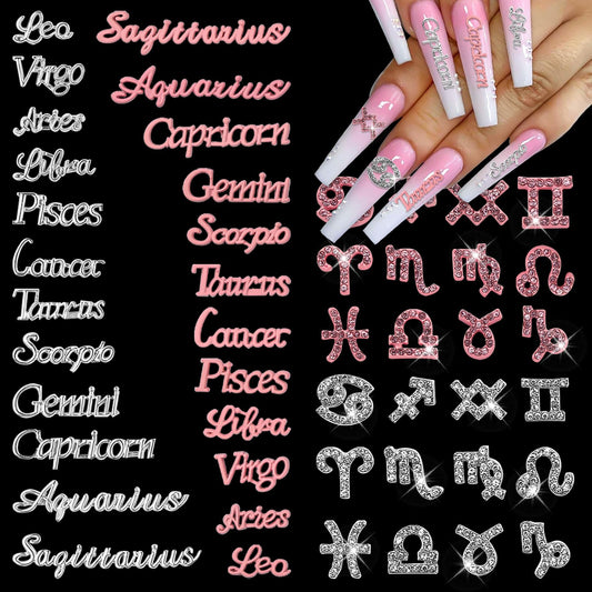 JERCLITY 48 Pieces Pink Silver Alloy Zodiac Nail Charms Zodiac Signs Nail Studs Constellation Words Charms for Nails Twelve Constellation Nail Charms Set for Women Girls Nail Art