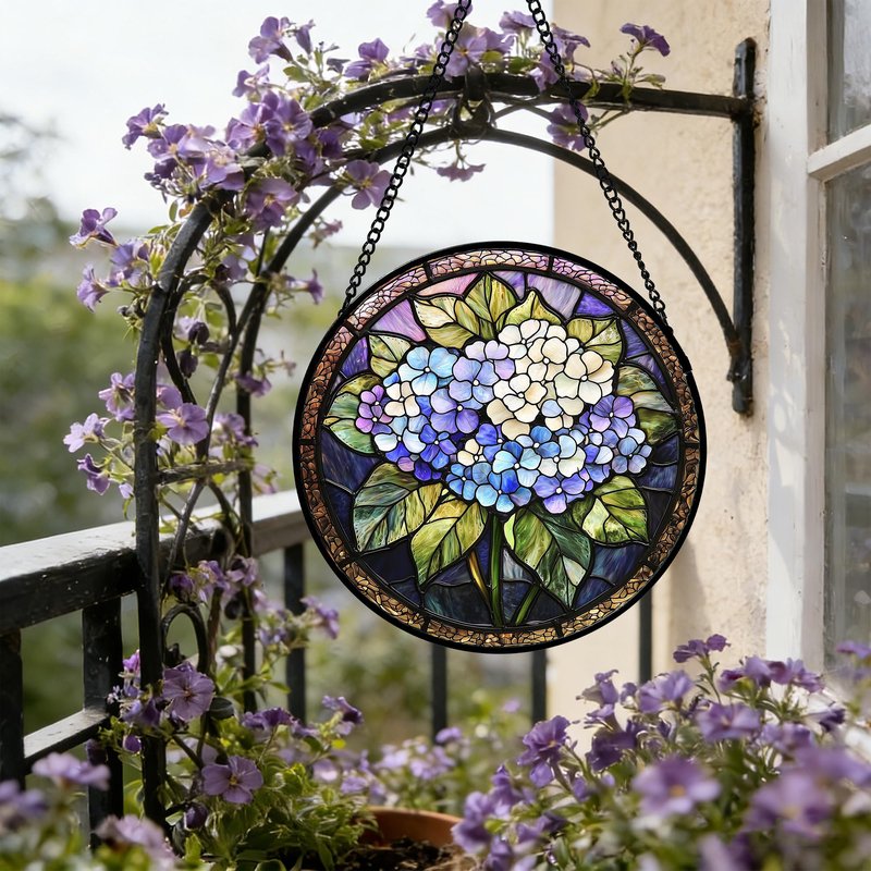 DASTOLL Stained Glass Window Hanging, Hydrangea Flowers Sun Catchers Diamond Glass Panel Hangings Plant Suncatcher Decor for Birthday for Women, Men, Wife, Aunt, and Mom 11.8x11.8 in