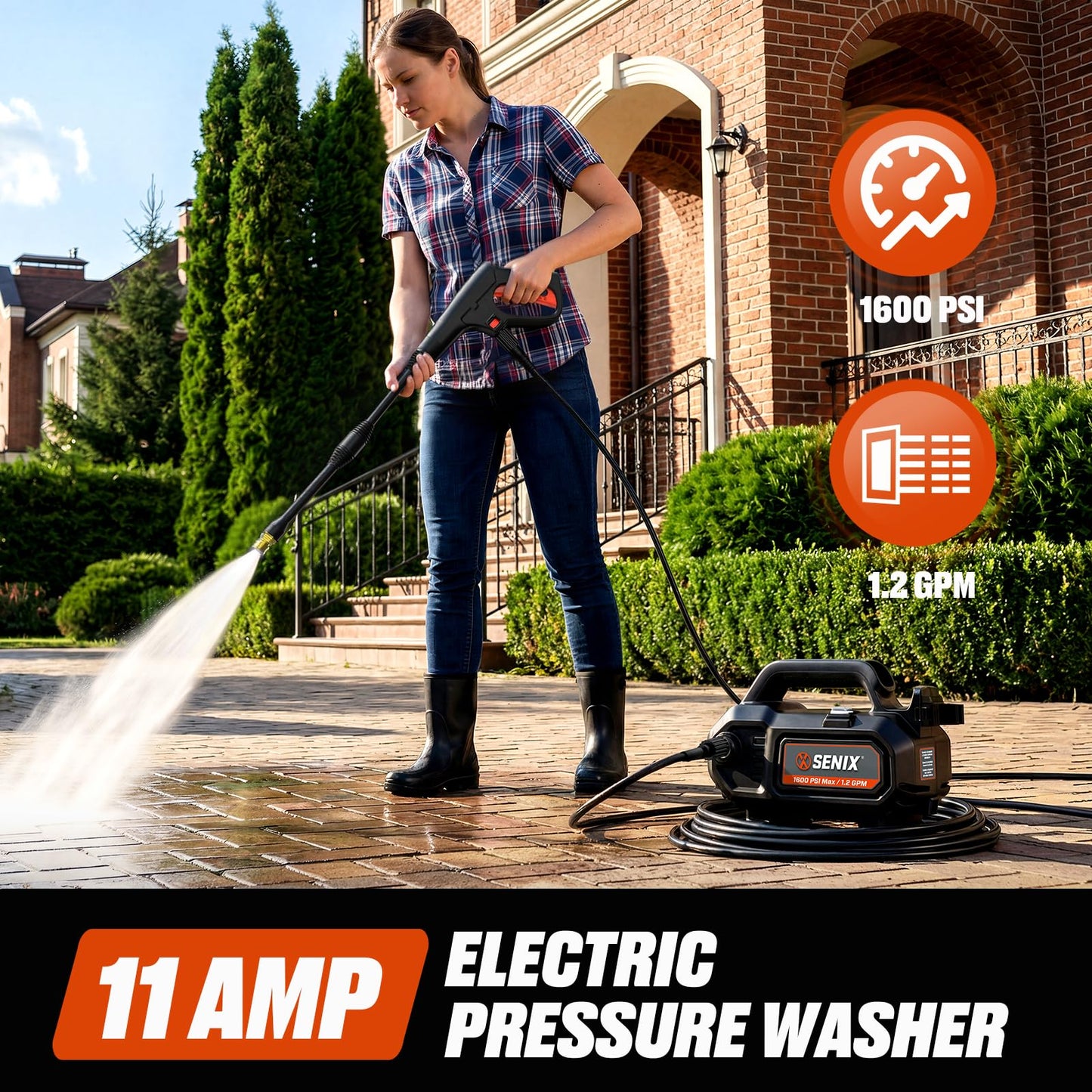 SENIX 1100 PSI Electric Pressure Washer with Foam Cannon - Compact Power Washer for Cars, Driveways, Patios & Outdoor Cleaning - Includes 15° Nozzle, Turbo Nozzle, Spray Gun, 20 ft Hose & 35 ft Cord