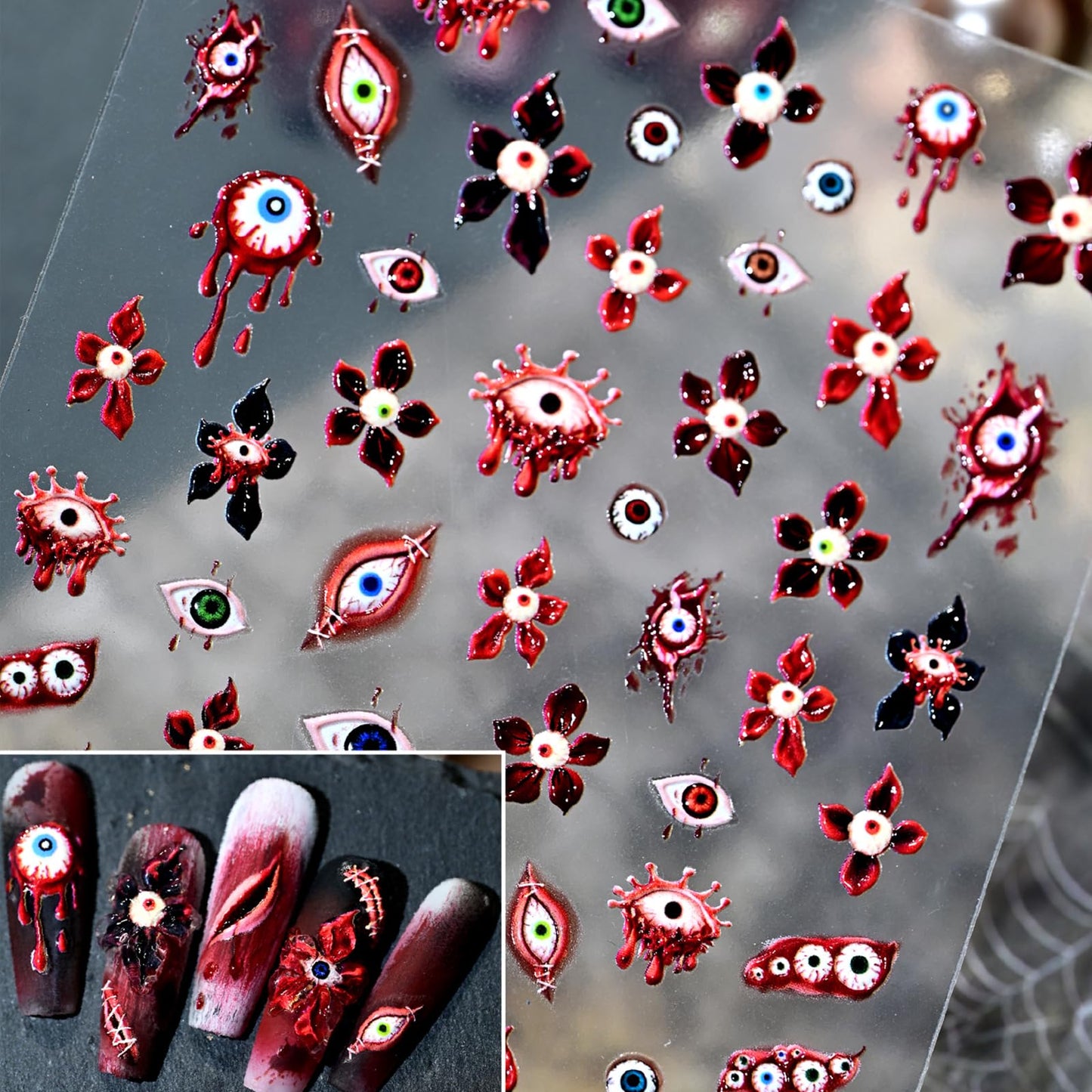 Halloween Nail Stickers for Nail Art 2 Sheet, Red Hibiscus Flowers Evil Eye Nail Decals 5D Embossed Spider Web Bat Design Stickers Halloween Nail Supplies for Women Girls DIY Nail Decorations