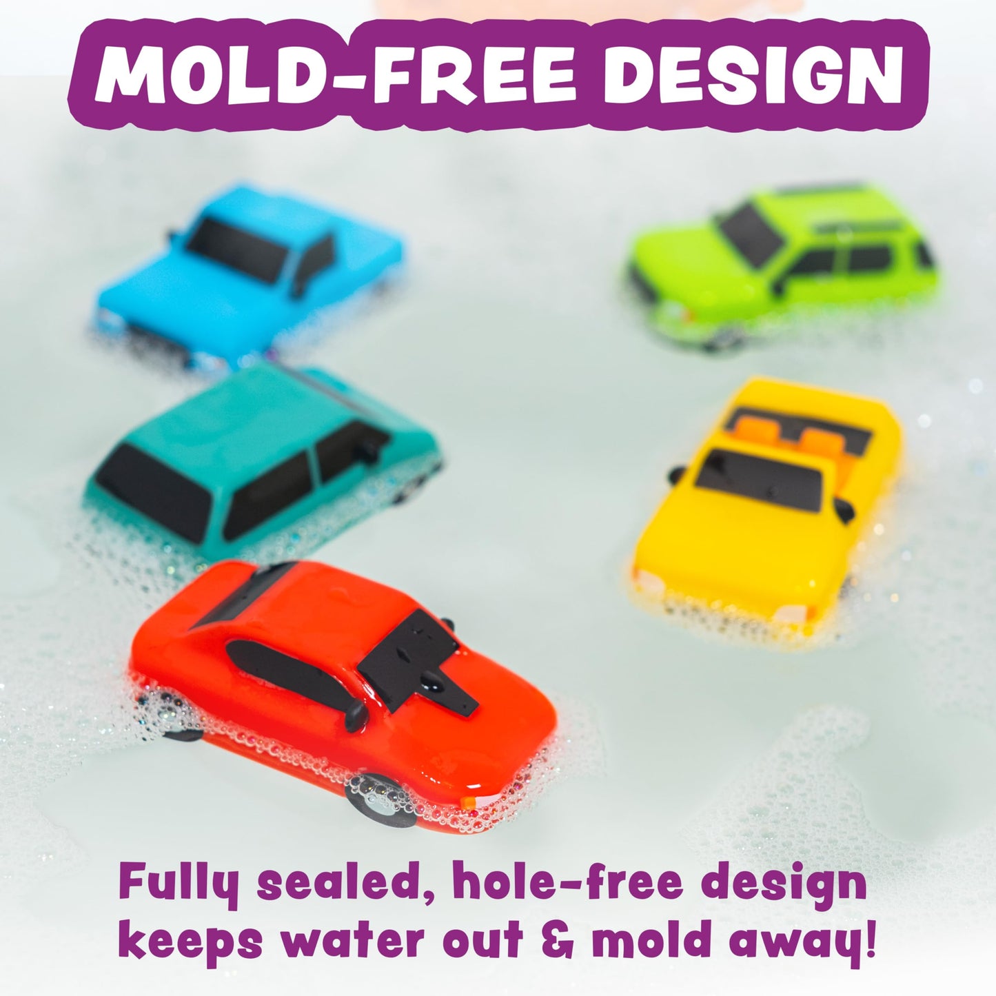 Tub Works® Everyday Cars™ Watertight Baby Bath Toys, 6 Pack | Sealed, No Hole Bath Toys Design Keeps Moisture Out | Soft, Squeezable & Floating Fun | Infant, Baby & Toddler Bath Toys | Car Tub Toys