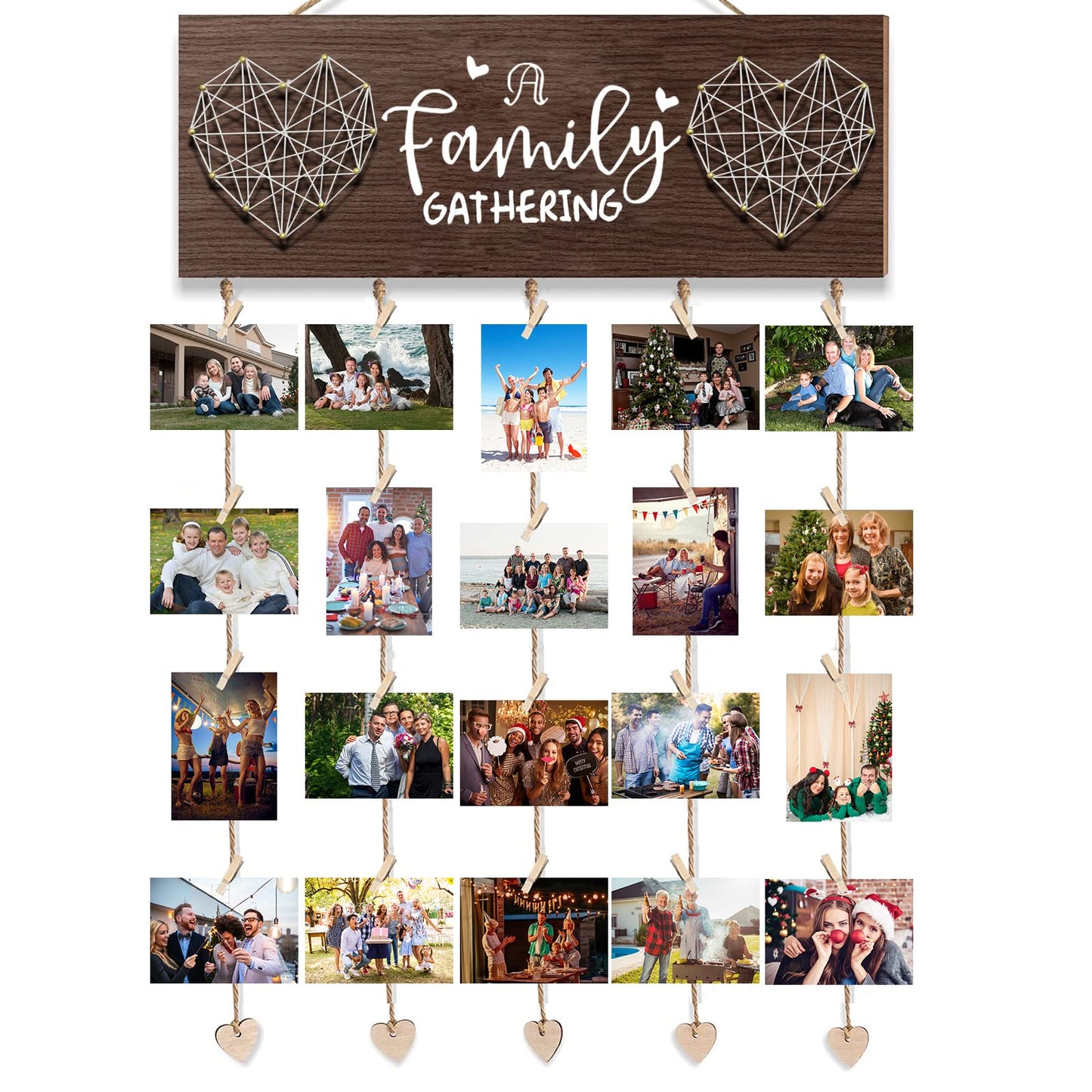 Picture Frames Collage Wall Decor, Rustic Wooden Hanging Photo Display with Clips - Holds 20 4x6 Pictures - Photo Holder for Home Decor, Gift Ideas, Family Memories, Christmas Card Holder