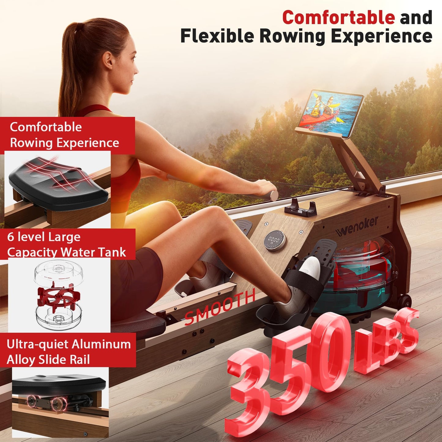 WENOKER Water Rowing Machines for Home Use, Rower Machine with Smart Electronic Knob,Wooden Row Machine with LCD Monitor & Comfortable Seat, Bluetooth App Compatible for Home Gym Exercise 350 LBS